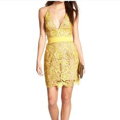 Embroidered Yellow Lace Cocktail Dress With Beige Underlay. Worn Only Once For A Few Hours, And In Great Condition. Flattering V-Neck And Banded Waist. Size M (4-6) Lace Cocktail Dress, Yellow Lace, Dress The Population, Cocktail Dress Lace, Waist Size, Colorful Dresses, Women's Dress, Two Piece Skirt Set, Cocktail Dress