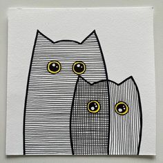 an image of two cats with yellow eyes on white paper, one is black and the other is gray