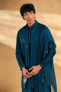 Teal Nehru jacket featuring sequin embroidery all over. Paired with a kurta, pant and an embroidered dupatta. - Aza Fashions Festive Outerwear With Dupatta For Eid, Festive Eid Outerwear With Dupatta, Bollywood Style Outerwear With Zari Work And Traditional Drape, Bollywood Style Traditional Drape Outerwear With Zari Work, Bollywood Style Outerwear With Zari Work, Bollywood Style Festive Outerwear With Zari Work, Bollywood Festive Outerwear With Zari Work, Festive Bollywood Straight Kurta Outerwear, Traditional Drape Outerwear With Zari Work For Reception