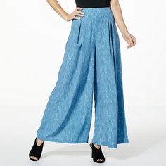 Allison Brown NY Bahamian Palazzo Pant Make a stylish statement wherever you go in these extra-wide leg palazzo pants, featuring a lightweight, flattering crepe fabric with a beautiful drapey fit, and colors that make this a versatile, all-season wardrobe piece. Versatile Full Length Summer Wide Leg Pants, Versatile Summer Wide Leg Pants Full Length, Versatile Full Length Wide Leg Pants For Summer, Elegant Wide Leg Rayon Pants, Stretch Summer Bottoms With Wide Hem, Stretch Wide Leg Culottes With Elastic Waistband, Spring High Waist Rayon Wide Leg Pants, Versatile Wide Leg Pants, Versatile Wide Leg Relaxed Fit Culottes