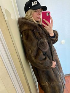 Brown Hooded Fur Coat With Faux Fur Lining, Vintage Faux Fur Mink Coat, Vintage Brown Fur Coat With Pockets, Luxury Vintage Mink-colored Outerwear, Long Mink-colored Faux Fur Coat, Fur Hood Coat, Luxury Mink-colored Fur Coat With Faux Fur Lining, Hooded Coat, Brown Color