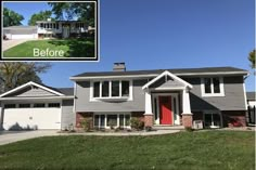 the before and after photo of a house in canada with red door, windows, and green grass