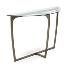 a glass and metal console table with a curved base, on an isolated white background