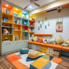 Colorful children's playroom with multi-colored shelving unit, cozy seating area with colorful cushions, and geometric rug, promoting creativity and fun. Kids Library Room Ideas, Green Playroom, Cozy Seating Area, Colorful Cushions, Orange Sofa, Library Room, Kids Library