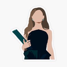 a woman in a black dress holding a book sticker