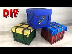 three different colored boxes with the word diy written on them and one is made out of cardboard