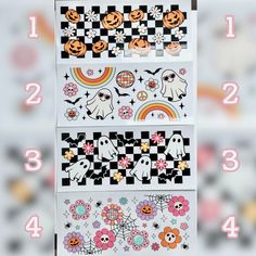 four halloween stickers with different designs on them and numbers in the bottom left corner