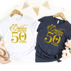 two t - shirts that say we are golden together and the number sixty years on them