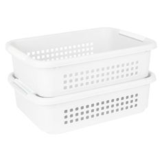 two white plastic baskets with holes on the sides and one has a lid for each basket