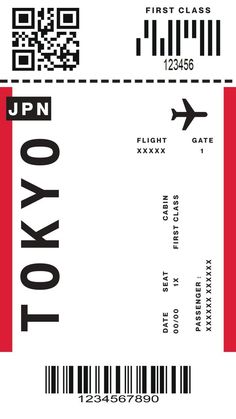 an airplane ticket with the word tokyo on it and a qr code in red