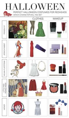 an image of halloween costume for redheads that includes makeup, lipstick and other items