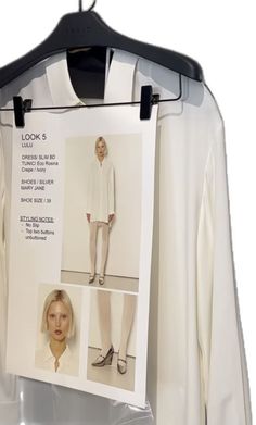 a woman's white shirt hanging on a clothes hanger with pictures of the model