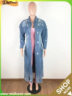 Spring Blue Denim Ripped Long Jacket with Long Sleeves Spring Denim Jacket, Ripped Jacket, Denim Trench Coat, Denim Jacket Fashion, Jacket Cardigan, Jacket Fashion, Distressed Denim Jacket, Long Jacket, Denim Coat Jacket