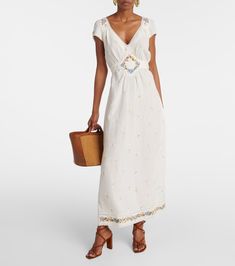 Embroidered Linen Midi Dress, Bohemian Embroidered Linen Maxi Dress, Summer Embroidered Linen Maxi Dress, Chic Embroidered Midi-length Maxi Dress, Chic Embroidered Linen Dress, Spring Linen Maxi Dress With Floral Embroidery, Embroidered Linen Maxi Dress For Summer, Chic Linen Dresses With Embroidery, Chic Embroidered Beach Maxi Dress