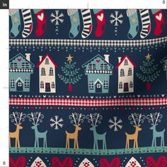 a blue christmas sweater with houses and deers on it