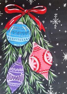 a chalkboard drawing of christmas ornaments hanging from a tree