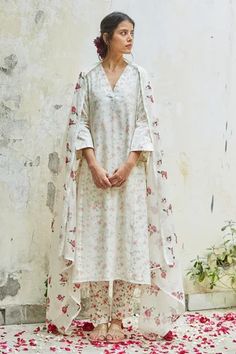 Shop for Juanita by Shubhda Ivory Handwoven Chanderi Printed Kurta Set for Women Online at Aza Fashions Kurta Set For Women, A Line Kurta, Kurta Set, Color Ivory, Rose Print, Indian Wear, Flared Sleeves, Floral Printed, Aza Fashion