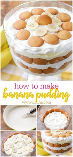 how to make banana pudding in a glass dish with bananas on top and the words, how to make banana pudding