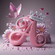 the letter a is surrounded by pink flowers and butterflies, with a tiara on top