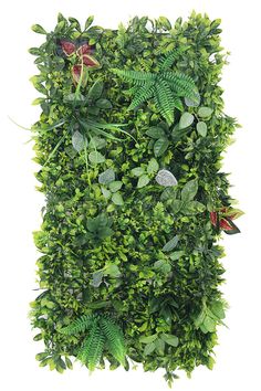 an artificial plant wall with green leaves and butterflies on it's sides, in front of a white background