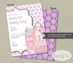 a birthday party card with an image of a doll house on the front and back