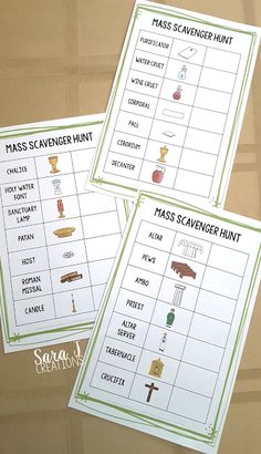 three printable mass scavenger hunt sheets with crosswords and symbols on them