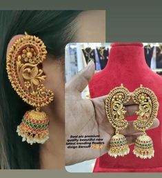 Temple Gold Earring Pearl Matte Finish South Indian Jewelry Flower Design Big Earcuff Long Jhumkas Bridal Gift Indian Statement Earring  Color :    White / Matte Golden   Gemstone :   Pearl / Kemp Stones Product Type :  Earring Set / Jhumka Product Details : Our Jewelry is handcrafted by traditional artisans. Each piece is individually double checked for quality purposes.  Ideal Gift Idea: Perfect beautiful & memorable gift for you and your loving wife, girlfriend, sister, aunt, daughter and mom/mother/mummy. These are very skin Friendly. The plating is Non- Allergic and safe for all Environment. Made of long lasting brass metal, good quality. Hand finished. Raw Material - Artificial Jewelry Pearl  Earrings Length =   3 Inches Occasion: Perfect choice for any Indian occasion. This All Neck Earcuffs Earrings Indian, South Jewellery, Earring Pearl, Loving Wife, Artificial Jewelry, Indian Gifts, South Indian Jewelry, Jewelry Flower, Statement Earring