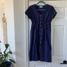 Dressbarn Navy Button Down Dress With Pockets - Like New! Washed But Never Worn! Navy Casual Dress With Pockets, Cotton Midi Dress With Buttons For Day Out, Navy Casual Dress With Buttons, Navy Buttoned Midi Dress For Spring, Navy Midi Dress With Buttons For Spring, Navy Cotton Dress With Buttons, Casual Navy Button-up Dress, Blue Midi Dress With Buttoned Pockets, Navy Midi-length Dress With Buttons