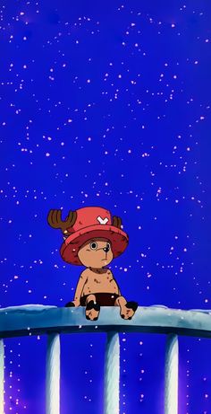 a cartoon character sitting on top of a metal pole in front of the night sky