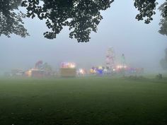 a foggy park with carnival rides in the distance