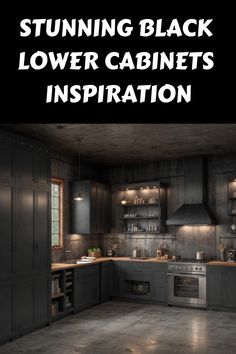 Modern kitchen featuring black lower cabinets, industrial decor, and open shelving. Kitchen With No Top Cabinets, Cabinets In Kitchen, Top Cabinets, White Upper Cabinets