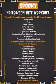 the spooky halloween hit workout list is shown on a blackboard with orange trim