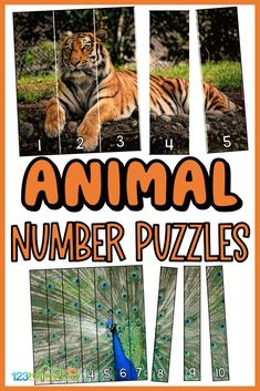 an animal number puzzles game with pictures of tigers, peacocks and other wild animals