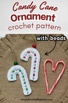 candy cane ornament crochet pattern with beads on the front and back