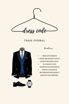 a dress code poster with a black suit and blue shirt on a hanger next to a clock