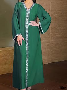 Bjux - Womens Plus Size Casual Abaya Dress: Colorblock Floral Print Long Sleeve V Neck Maxi Dress Green Maxi-length Abaya For Eid, Green Maxi Length Abaya For Eid, Green Abaya For Eid, Eid Green Maxi-length Abaya, Green Long Dress For Eid, Long Green Dress For Eid, Elegant Green Thobe For Festive Occasions, Elegant Green Festive Thobe, Green Long Thobe For Eid