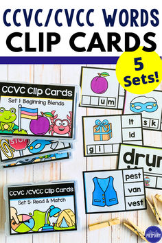 the cvc / vcc / cccc words clip cards set 5 is shown