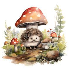 a watercolor painting of a hedgehog sitting in the middle of a forest with mushrooms