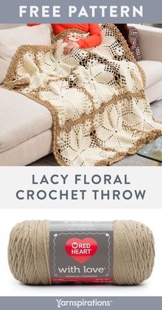 a crochet afghan is shown with the text, free pattern lacy floral crochet throw