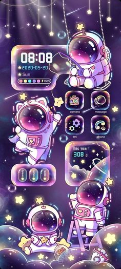 an image of the outer space theme with stars and bubbles on it's screen