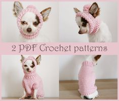 four photos of a small dog wearing a pink crochet sweater