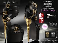 an advertisement for a black and gold high heeled shoe with chains on the heels