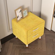 a yellow stool with two pictures on it