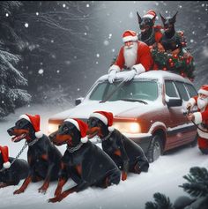 a group of dogs sitting in front of a car with santa clause on it's roof