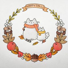 a drawing of a cat and dog surrounded by autumn leaves