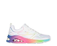 Skechers Street Tres-Air Uno - Rainbow Roads Women s Sneaker You ll look colorful and sporty in the Skechers Street Tres-Air Uno - Rainbow Roads women s Sneaker. With a mesh upper featuring hotmelt overlay details, this lace-up Sneaker also has cool pops of neon color. The Skechers Air-Cooled Memory Foam insole and visible Skech-Air airBag midsole comfort and support your foot, while the outsole provides flexible traction. Mesh/synthetic upper Lace-up closure Air-Cooled Memory Rainbow Sporty Sneakers For Summer, Sporty Rainbow Sneakers For Summer, Multicolor Sneakers For Summer Sports, Rainbow Color Sporty Sneakers, Rainbow Road, Cool Pops, Rack Room Shoes, Rack Room, Neon Color