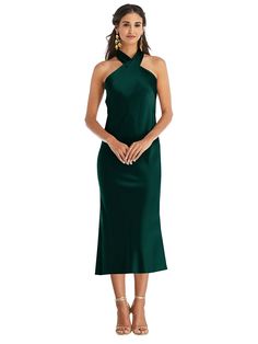 This Charming Midi Column Dress Features A Flared Modified Trumpet Skirt That Stops At The Calves To Showcase A Cute Pair Of Heels. Designed In A Smooth Lux Charmeuse Fabric, This Midi Dress Is Perfect For Formal Occasions, Yet Offers A Casual And Flirty Look With Its Shoulderless Draped Twist Halter That Reaches Around The Neck For A Self-tie Closure And Revealing Back Keyhole And Loose And Long Sash Bow. Shown In Evergreen. Charmeuse Fabric, Trumpet Skirt, Column Dress, Paloma, Green Dress, Midi Dress, Twist, Heels, Green