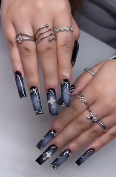 Classy Nails Short Winter 2023, Black And Silver Winter Nails, Dark Nail Sets, Dark Blue Nails With Charms, Nails Acrylic January, January Birthday Nails, Blue Nails 2023, Taurus Nails Designs, Black Glam Nails