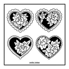 four hearts with flowers in the middle and one on the bottom, all black and white