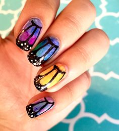 Easy AF sharpie watercolor butterfly nails Rainbow Butterfly Nails, Nail Polish Butterfly Wire, Butterfly Confetti Nails, Butterfly Wing Nails Acrylics, Holo Butterfly Nails, Butterfly Nails, Watercolor Butterfly, Butterfly Nail, Butterfly Watercolor